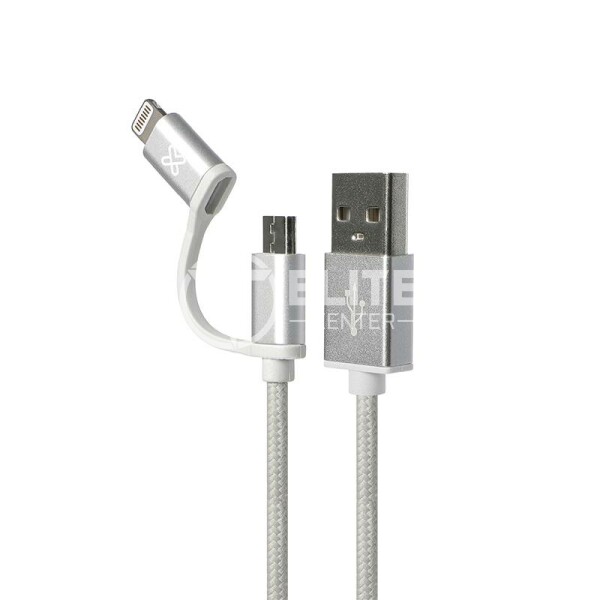 Klip Xtreme - USB cable - Apple Lightning / Micro-USB Type B - 4 pin USB Type A - 1 m - Aluminum silver - 2in1 Braided - en Elite Center