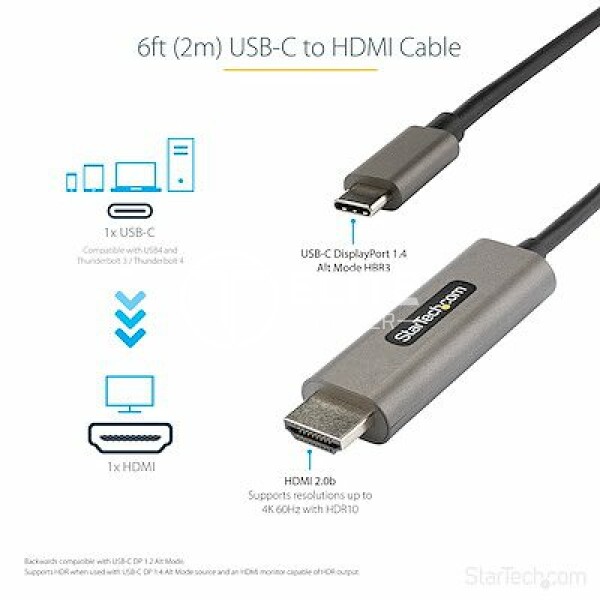 StarTech.com 6ft (2m) USB C to HDMI Cable 4K 60Hz with HDR10, Ultra HD USB Type-C to 4K HDMI 2.0b Video Adapter Cable, USB-C to HDMI HDR Monitor/Display Converter, DP 1.4 Alt Mode HBR3 - Thunderbolt 3 Compatible (CDP2HDMM2MH) - Cable adaptador - USB-C macho a HDMI macho - 2 m - negro - compatibilidad con 4K, activo - en Elite Center