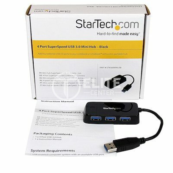 StarTech.com Adaptador Concentrador Hub Ladrón USB 3.0 Super Speed 4 Puertos Salidas Portátil para Ordenador Portátil - Negro (ST4300MINU3B) - Hub - 4 x SuperSpeed USB 3.0 - sobremesa - para P/N: FCREADMICRO3, MSDREADU3CA, USB3S2ESATA3 - en Elite Center
