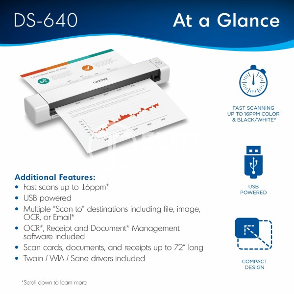 Brother DSmobile DS-640 - Escáner de alimentación en hoja - 215.9 x 1828.8 mm - 600 ppp x 600 ppp - USB 3.0 - en Elite Center