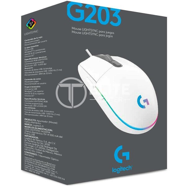 Logitech Gaming Mouse G203 LIGHTSYNC - Ratón - óptico - 6 botones - cableado - USB - blanco - en Elite Center