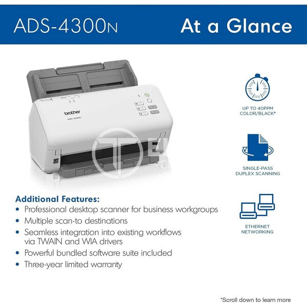 Brother ADS-4300N - Escáner de documentos - CIS dual - a dos caras - A4 - 600 ppp x 600 ppp - hasta 40 ppm (mono) / hasta 40 ppm (color) - Alimentador automático de documentos (ADF) (80 hojas) - USB 3.0, LAN - en Elite Center